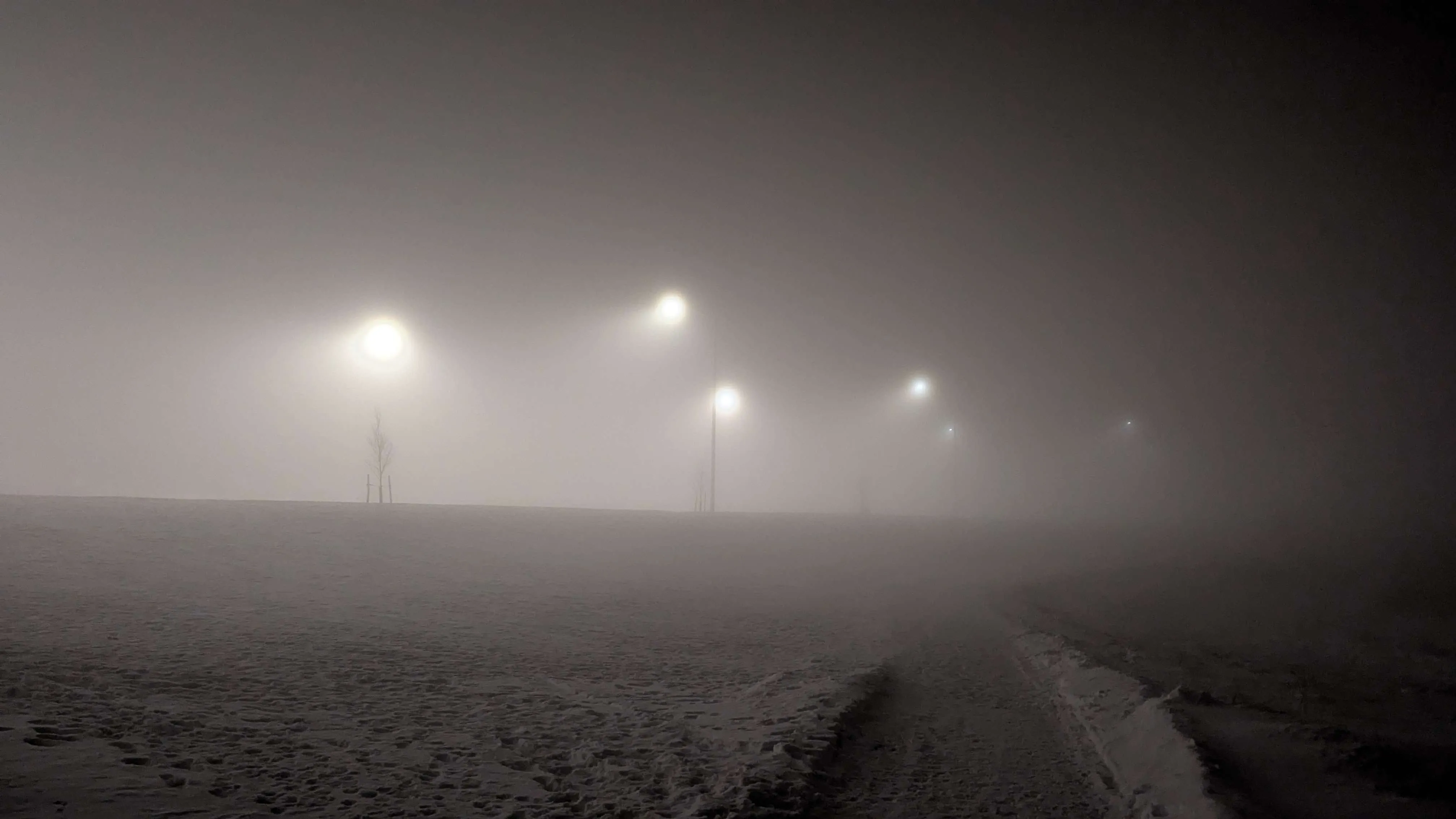 A foggy night in which 5 lights illuminate the fog